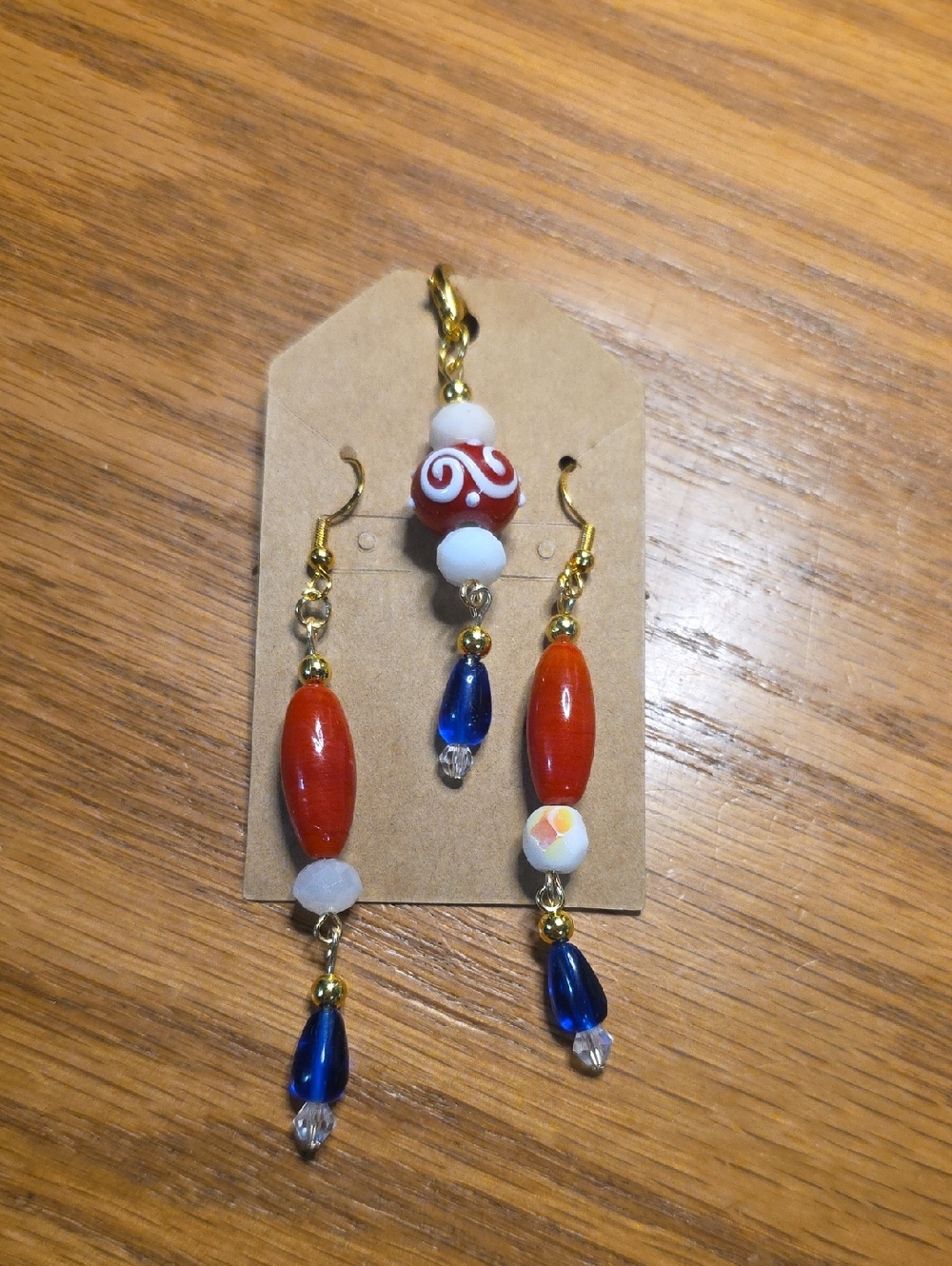 Handcrafted Red, Blue & White Bead Dangle Earring And Pendant Set